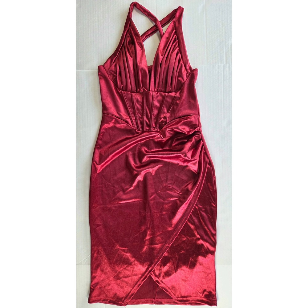 Shein Corset Satin Cocktail Dress Womens Small Red Halter Tulip Wrap Skirt